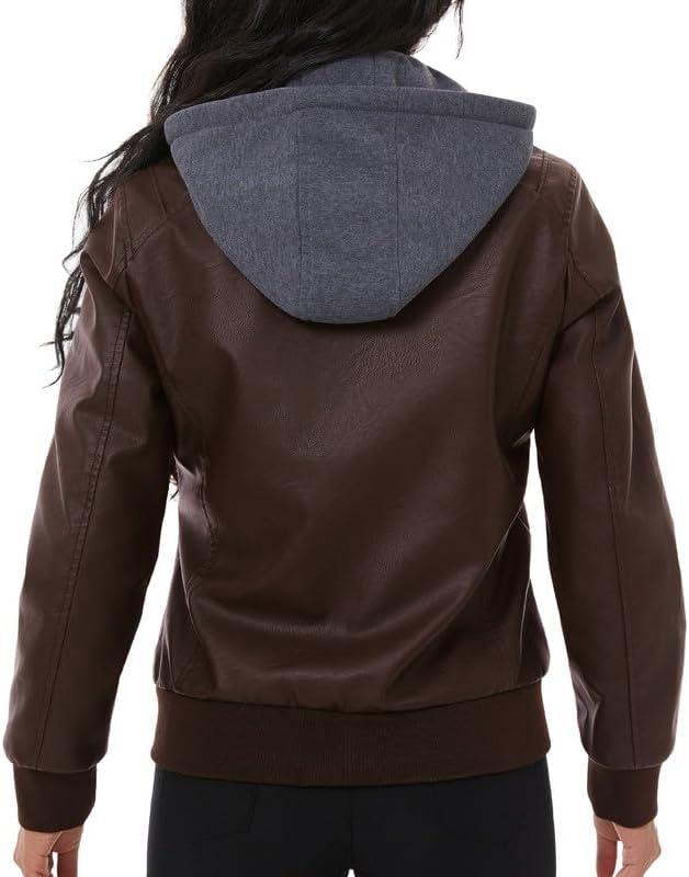 imageGGleaf Womens Faux Leather Jacket Waterproof Motorcycle Bomber Jacket Vintage PU Moto Biker CoatCoffee
