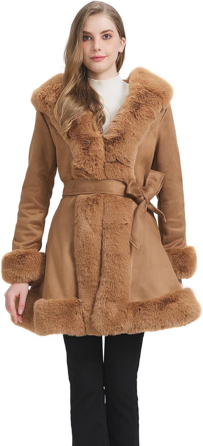 imageGRAN ORIENTE Suede Jacket for Women with Faux Fur CollarLong Sleeve Warm Winter Parka Coat with Belt OuterwearBeige