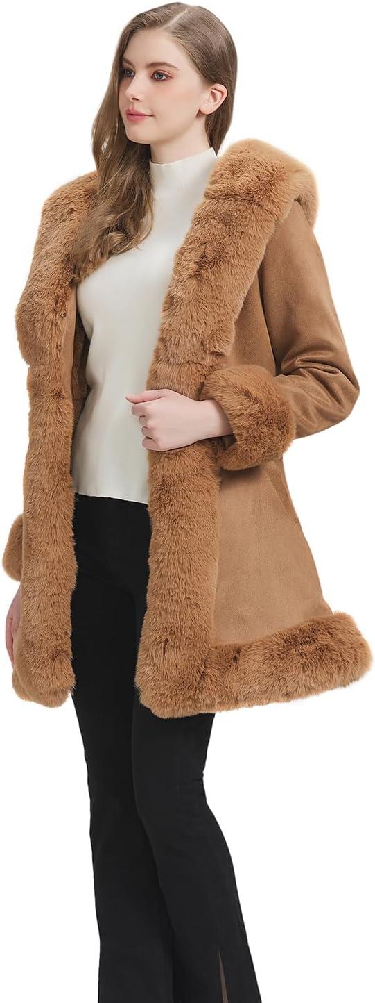 imageGRAN ORIENTE Suede Jacket for Women with Faux Fur CollarLong Sleeve Warm Winter Parka Coat with Belt OuterwearBeige