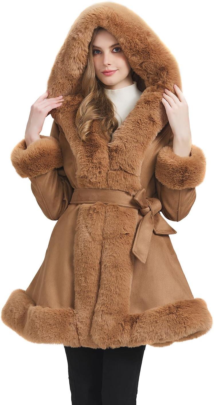 imageGRAN ORIENTE Suede Jacket for Women with Faux Fur CollarLong Sleeve Warm Winter Parka Coat with Belt OuterwearBeige