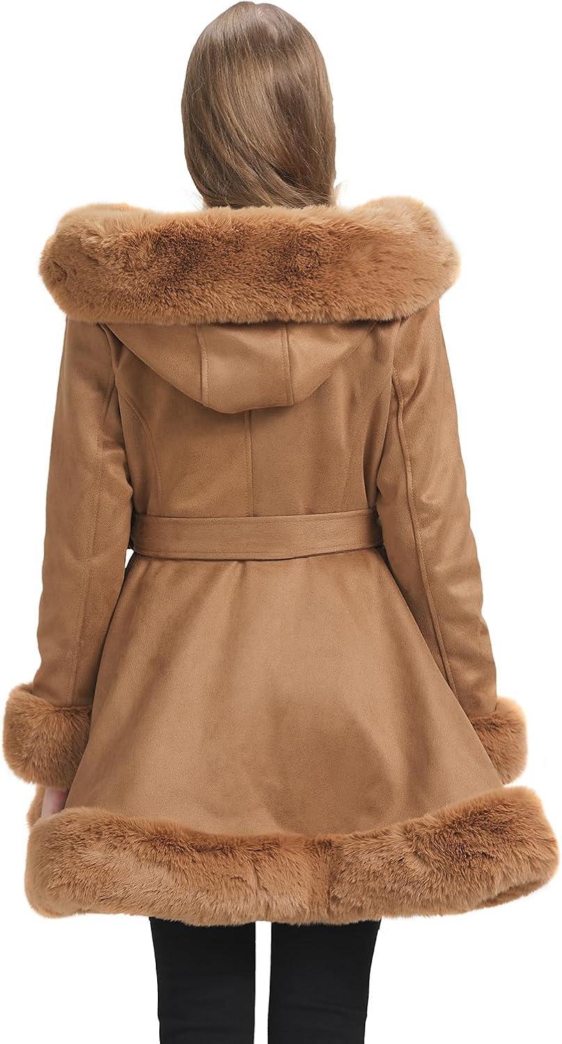 imageGRAN ORIENTE Suede Jacket for Women with Faux Fur CollarLong Sleeve Warm Winter Parka Coat with Belt OuterwearBeige