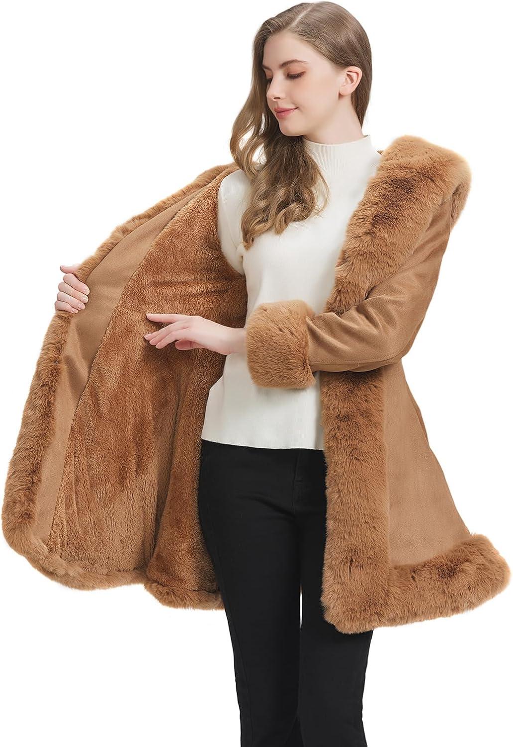 imageGRAN ORIENTE Suede Jacket for Women with Faux Fur CollarLong Sleeve Warm Winter Parka Coat with Belt OuterwearBeige