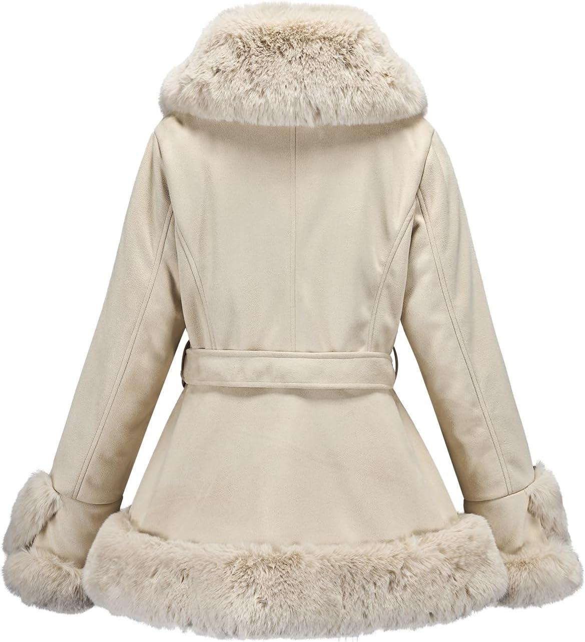 imageGRAN ORIENTE Suede Jacket for Women with Faux Fur CollarLong Sleeve Warm Winter Parka Coat with Belt OuterwearBeige Short