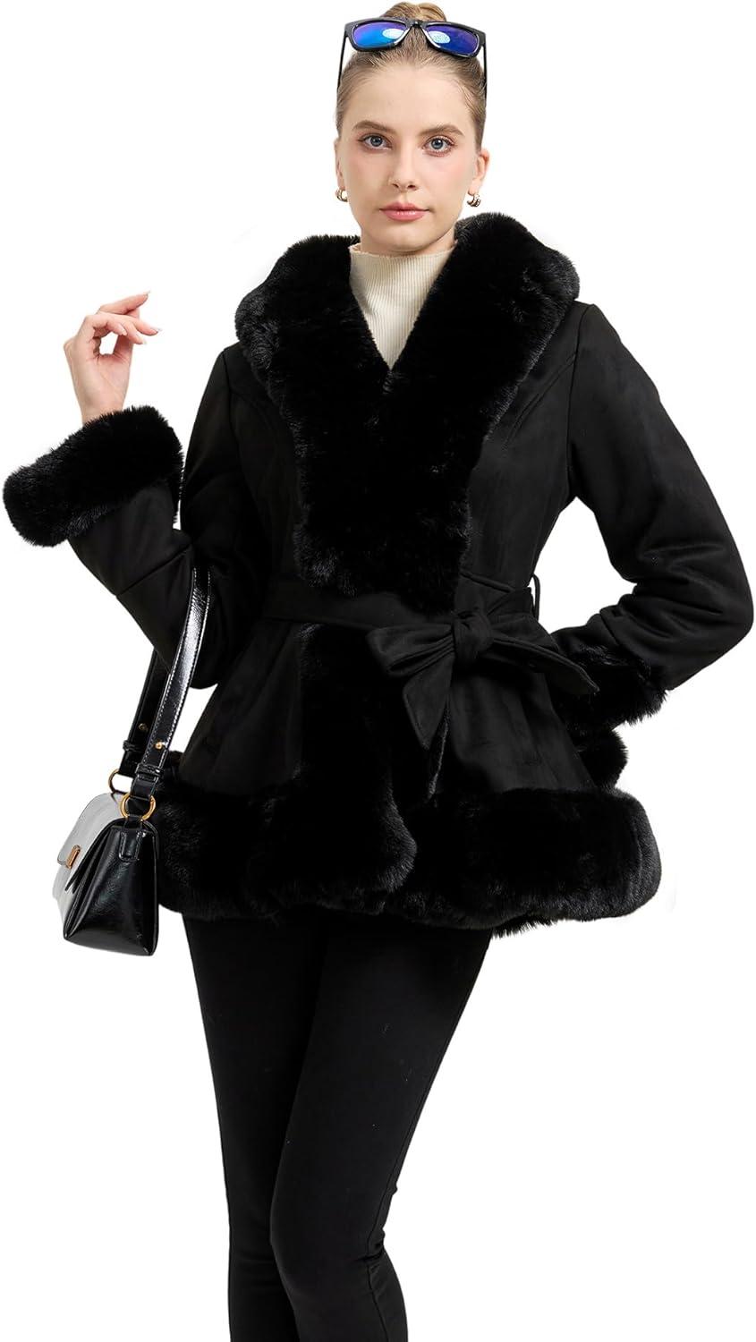 imageGRAN ORIENTE Suede Jacket for Women with Faux Fur CollarLong Sleeve Warm Winter Parka Coat with Belt OuterwearBeige Short