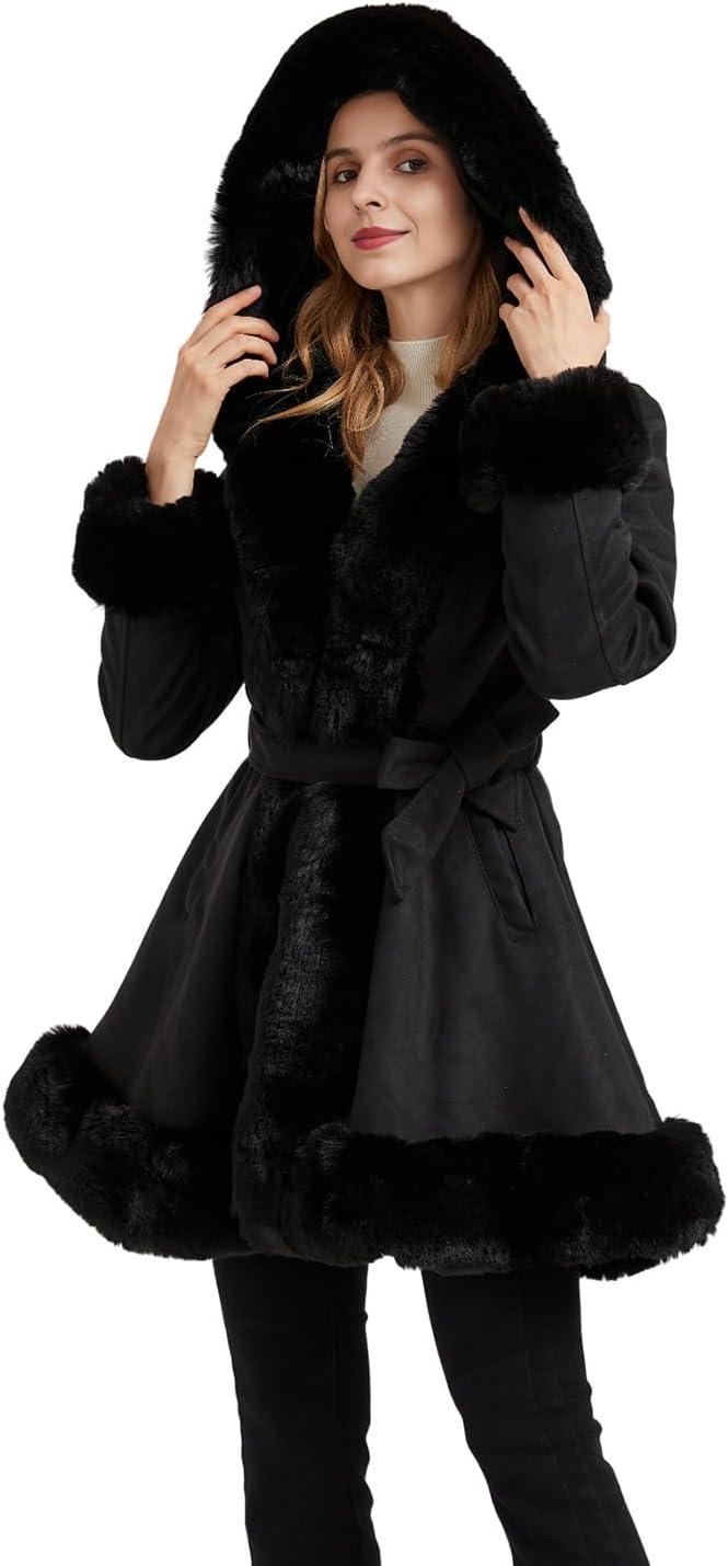 imageGRAN ORIENTE Suede Jacket for Women with Faux Fur CollarLong Sleeve Warm Winter Parka Coat with Belt OuterwearBlack