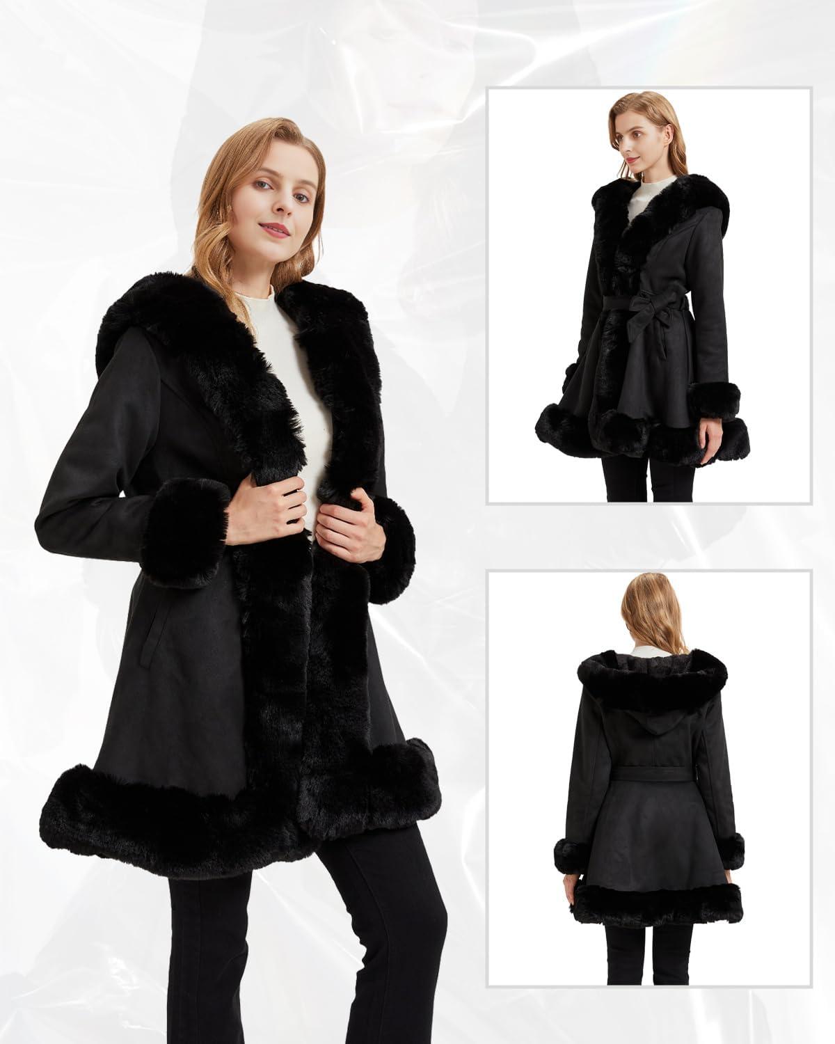 imageGRAN ORIENTE Suede Jacket for Women with Faux Fur CollarLong Sleeve Warm Winter Parka Coat with Belt OuterwearBlack