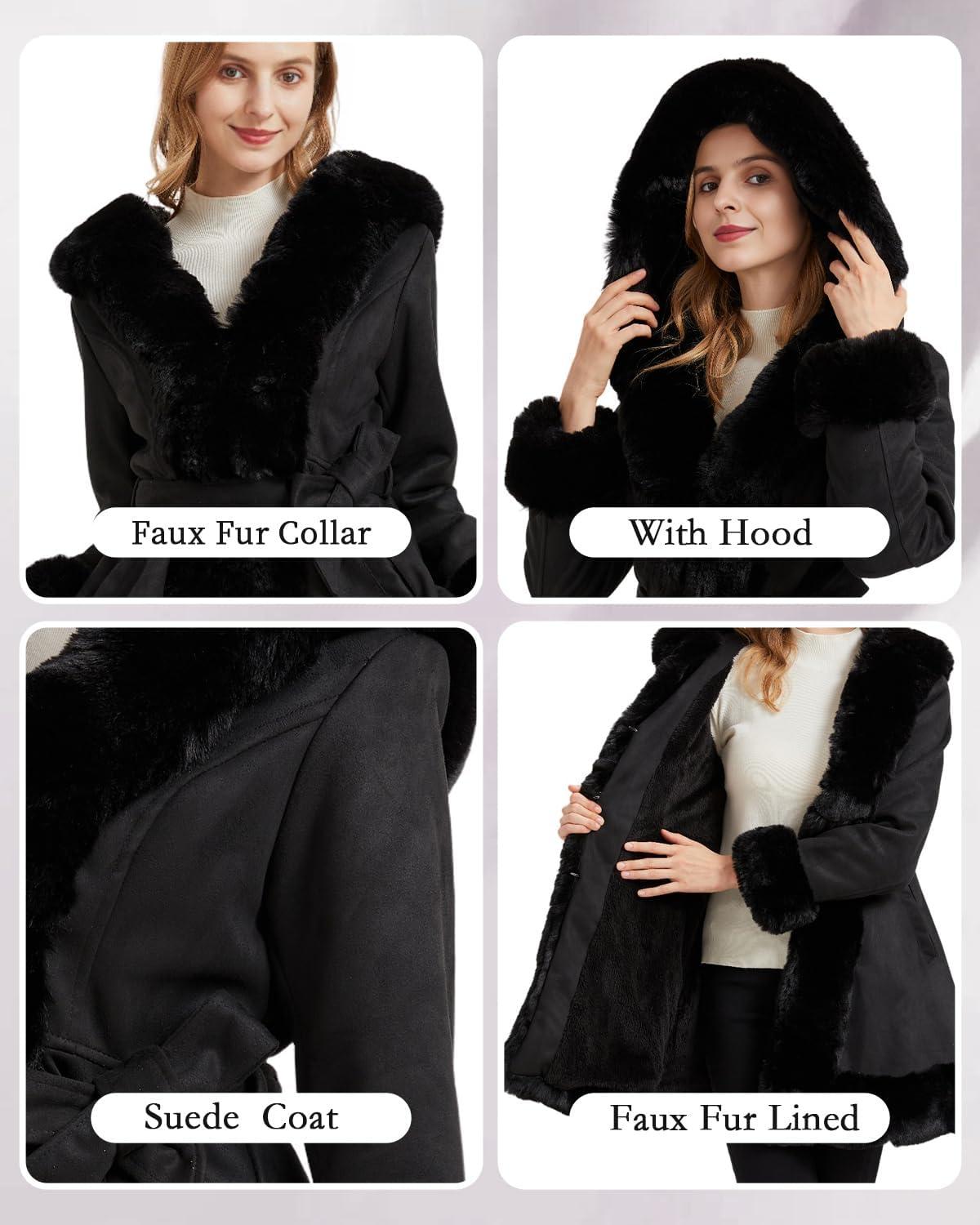 imageGRAN ORIENTE Suede Jacket for Women with Faux Fur CollarLong Sleeve Warm Winter Parka Coat with Belt OuterwearBlack