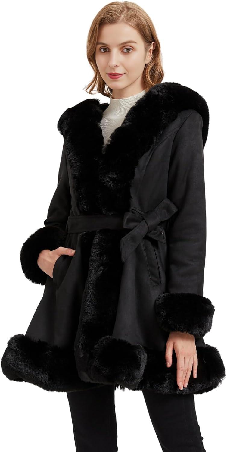 imageGRAN ORIENTE Suede Jacket for Women with Faux Fur CollarLong Sleeve Warm Winter Parka Coat with Belt OuterwearBlack