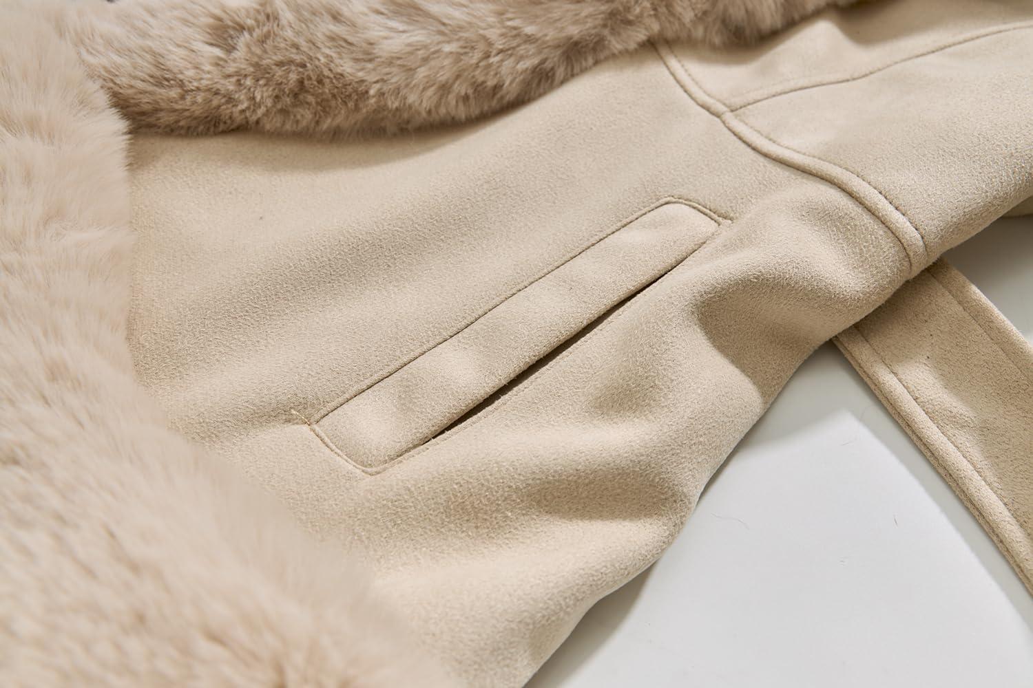 imageGRAN ORIENTE Suede Jacket for Women with Faux Fur CollarLong Sleeve Warm Winter Parka Coat with Belt OuterwearBlack Short