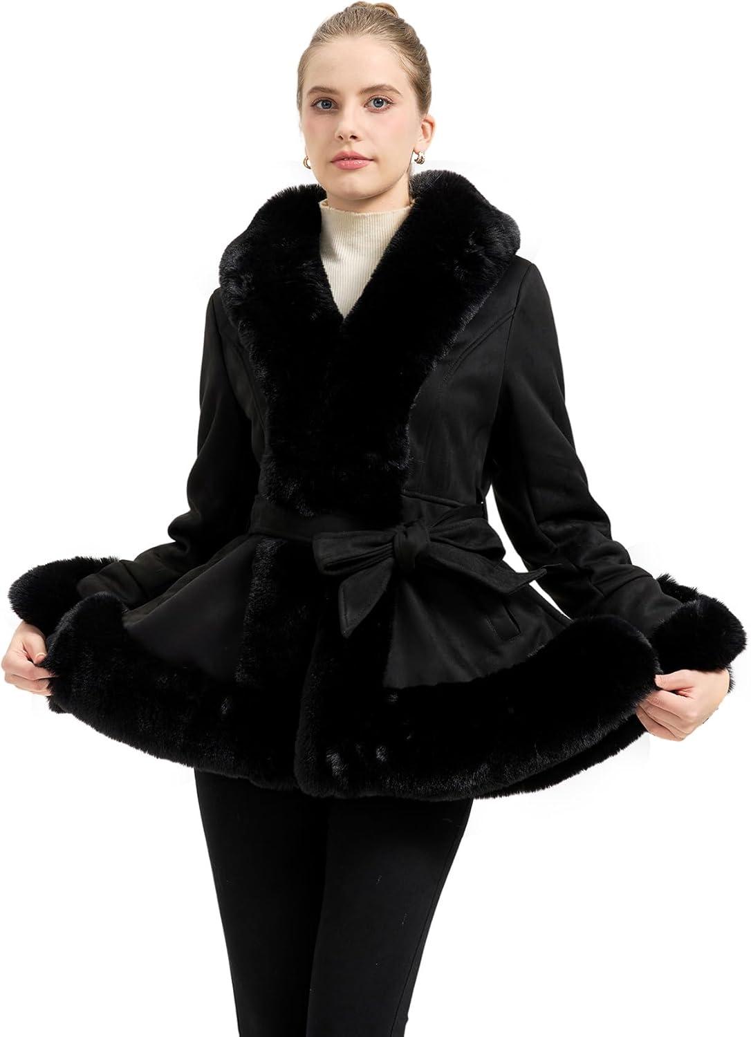 imageGRAN ORIENTE Suede Jacket for Women with Faux Fur CollarLong Sleeve Warm Winter Parka Coat with Belt OuterwearBlack Short