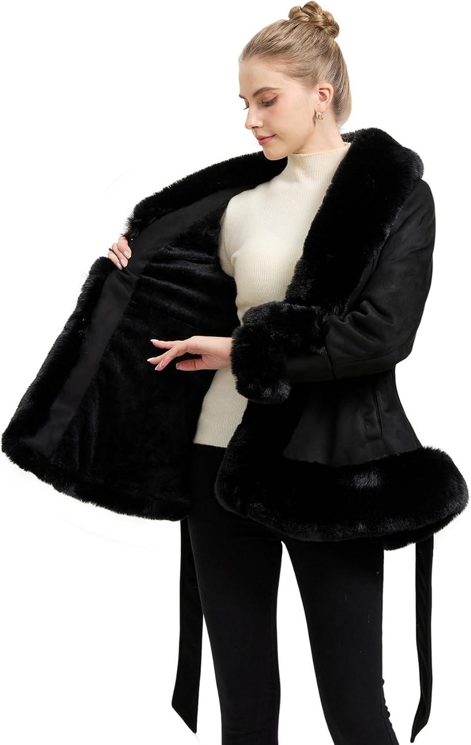 imageGRAN ORIENTE Suede Jacket for Women with Faux Fur CollarLong Sleeve Warm Winter Parka Coat with Belt OuterwearBlack Short
