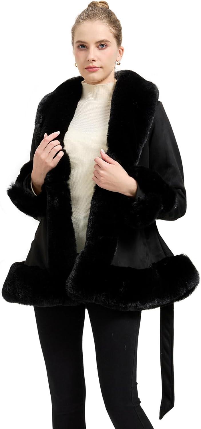 imageGRAN ORIENTE Suede Jacket for Women with Faux Fur CollarLong Sleeve Warm Winter Parka Coat with Belt OuterwearBlack Short