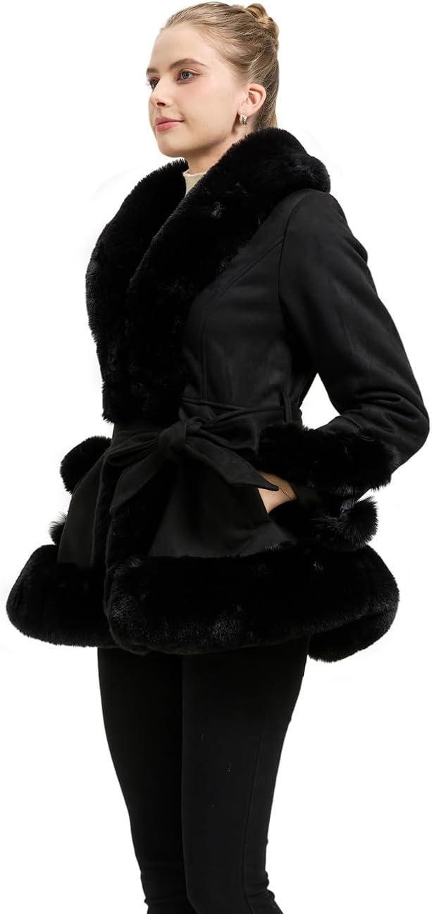 imageGRAN ORIENTE Suede Jacket for Women with Faux Fur CollarLong Sleeve Warm Winter Parka Coat with Belt OuterwearBlack Short