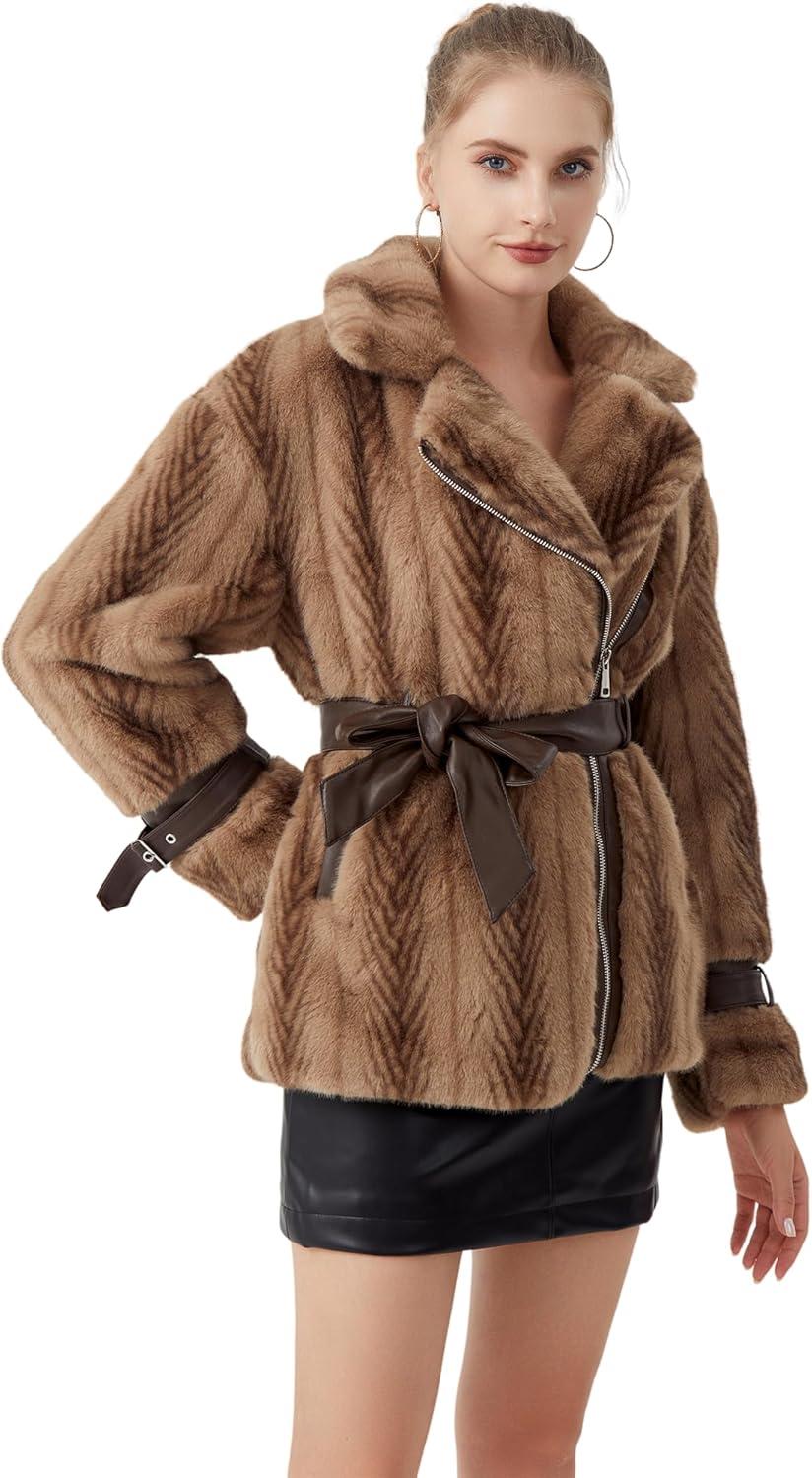 imageGRAN ORIENTE Womens Belted Winter Faux Fur Coats Cropped Fuzzy Cuff Furry Zipper Up Warm Jackets OutwearBeige Belted