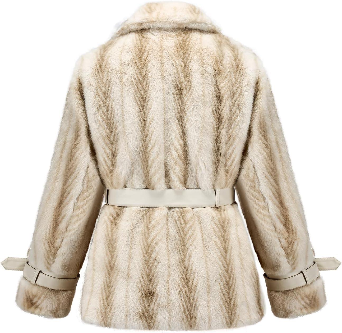 imageGRAN ORIENTE Womens Belted Winter Faux Fur Coats Cropped Fuzzy Cuff Furry Zipper Up Warm Jackets OutwearBeige Belted