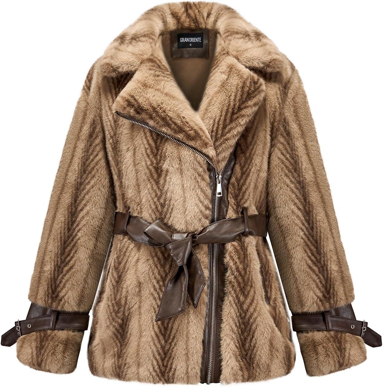 imageGRAN ORIENTE Womens Belted Winter Faux Fur Coats Cropped Fuzzy Cuff Furry Zipper Up Warm Jackets OutwearCamel Belted