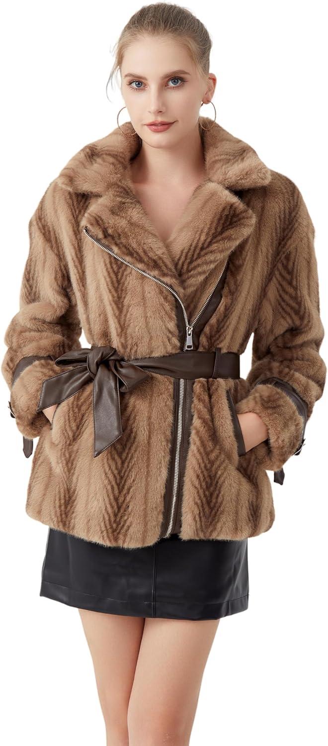 imageGRAN ORIENTE Womens Belted Winter Faux Fur Coats Cropped Fuzzy Cuff Furry Zipper Up Warm Jackets OutwearCamel Belted