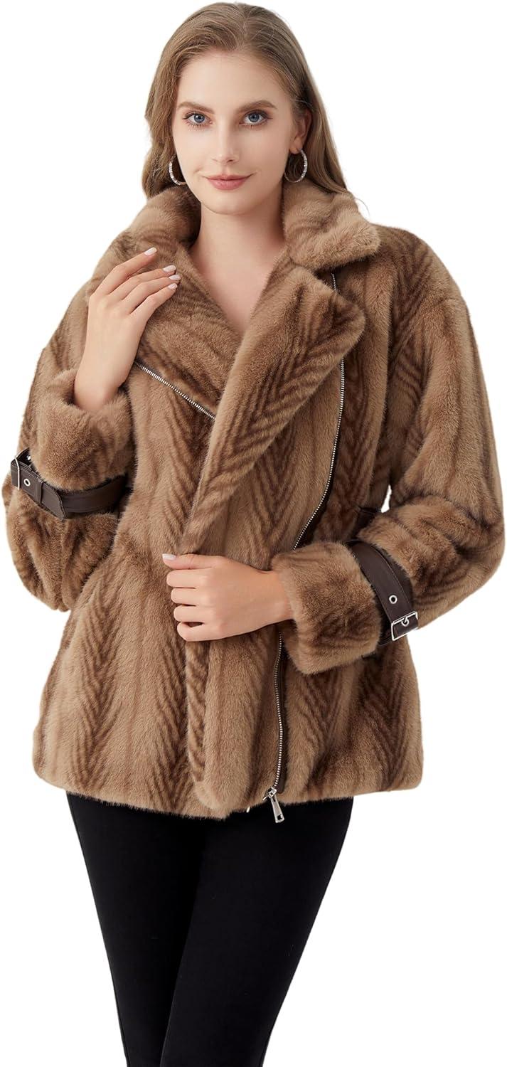 imageGRAN ORIENTE Womens Belted Winter Faux Fur Coats Cropped Fuzzy Cuff Furry Zipper Up Warm Jackets OutwearCamel Belted