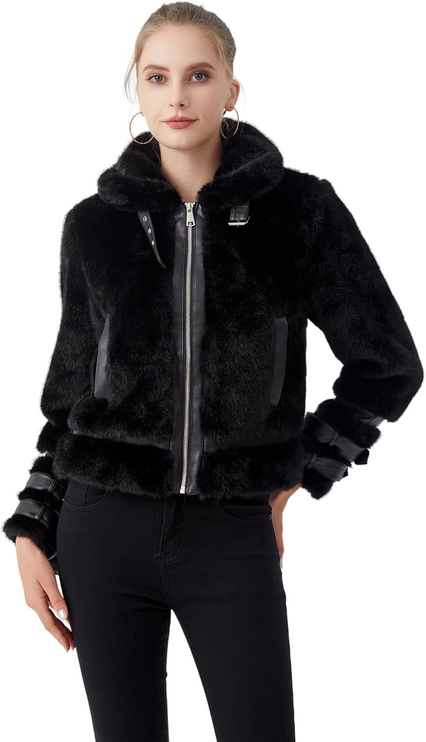imageGRAN ORIENTE Womens Belted Winter Faux Fur Coats Cropped Fuzzy Cuff Furry Zipper Up Warm Jackets OutwearWhite