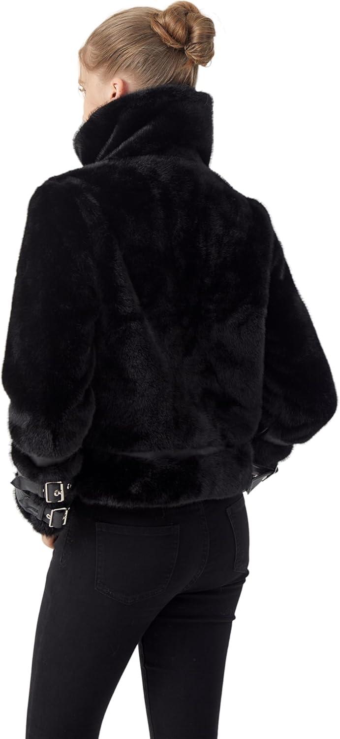imageGRAN ORIENTE Womens Belted Winter Faux Fur Coats Cropped Fuzzy Cuff Furry Zipper Up Warm Jackets OutwearWhite