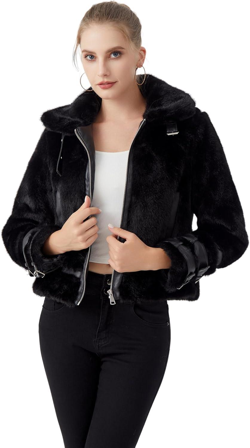 imageGRAN ORIENTE Womens Belted Winter Faux Fur Coats Cropped Fuzzy Cuff Furry Zipper Up Warm Jackets OutwearWhite