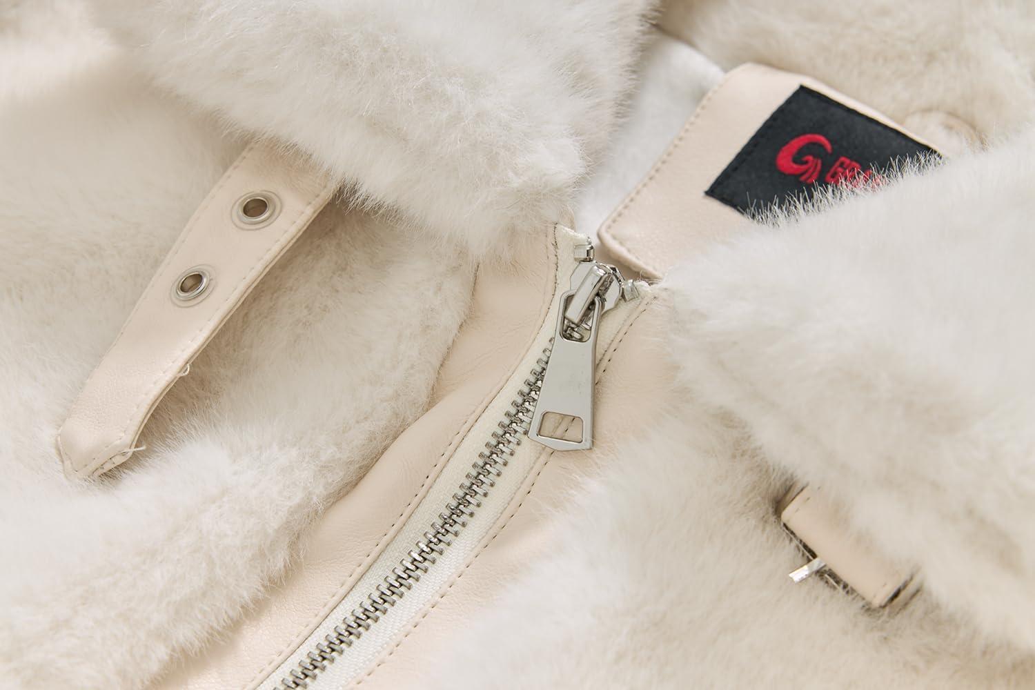 imageGRAN ORIENTE Womens Belted Winter Faux Fur Coats Cropped Fuzzy Cuff Furry Zipper Up Warm Jackets OutwearWhite