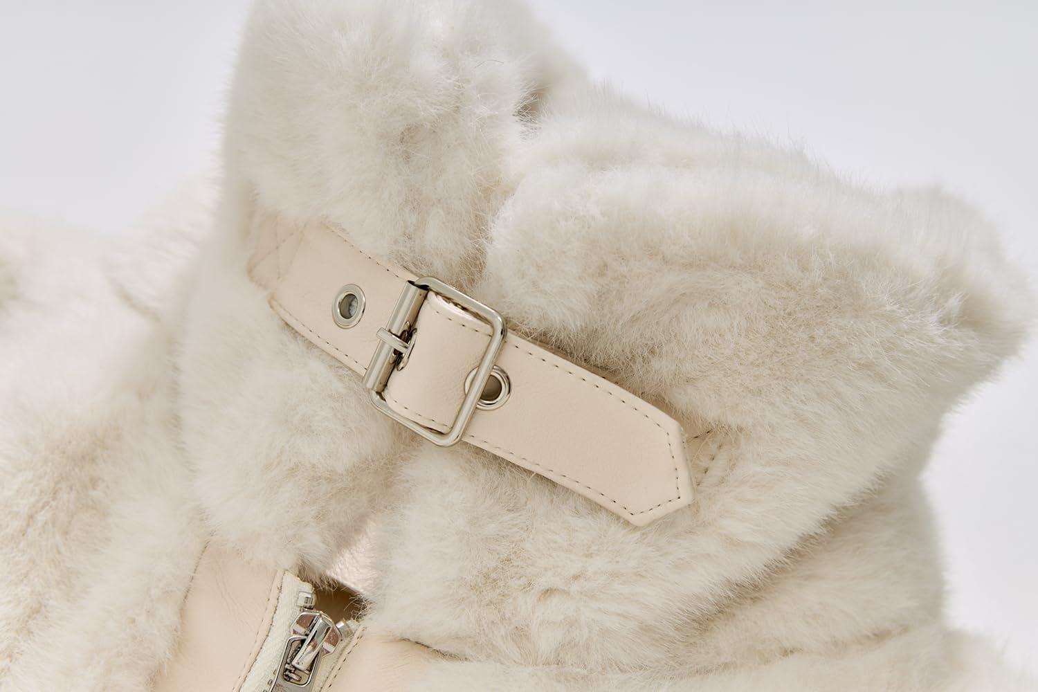 imageGRAN ORIENTE Womens Belted Winter Faux Fur Coats Cropped Fuzzy Cuff Furry Zipper Up Warm Jackets OutwearWhite