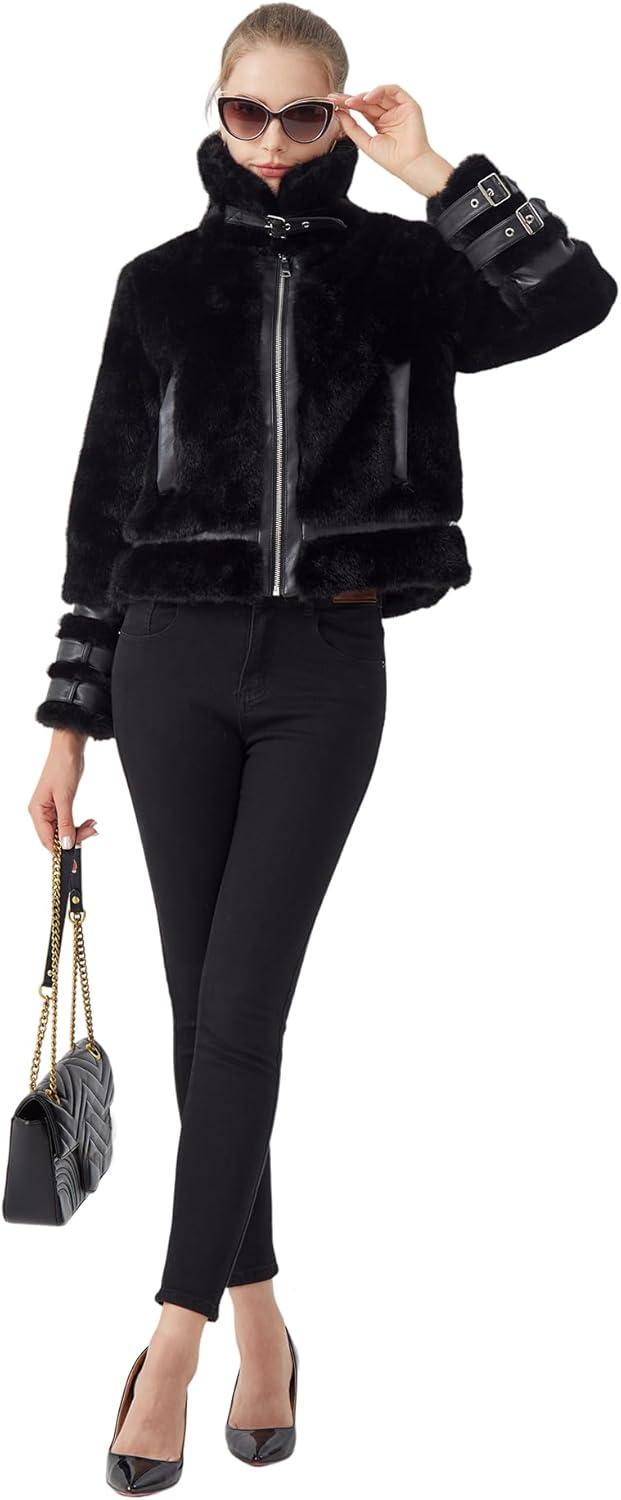 imageGRAN ORIENTE Womens Belted Winter Faux Fur Coats Cropped Fuzzy Cuff Furry Zipper Up Warm Jackets OutwearWhite
