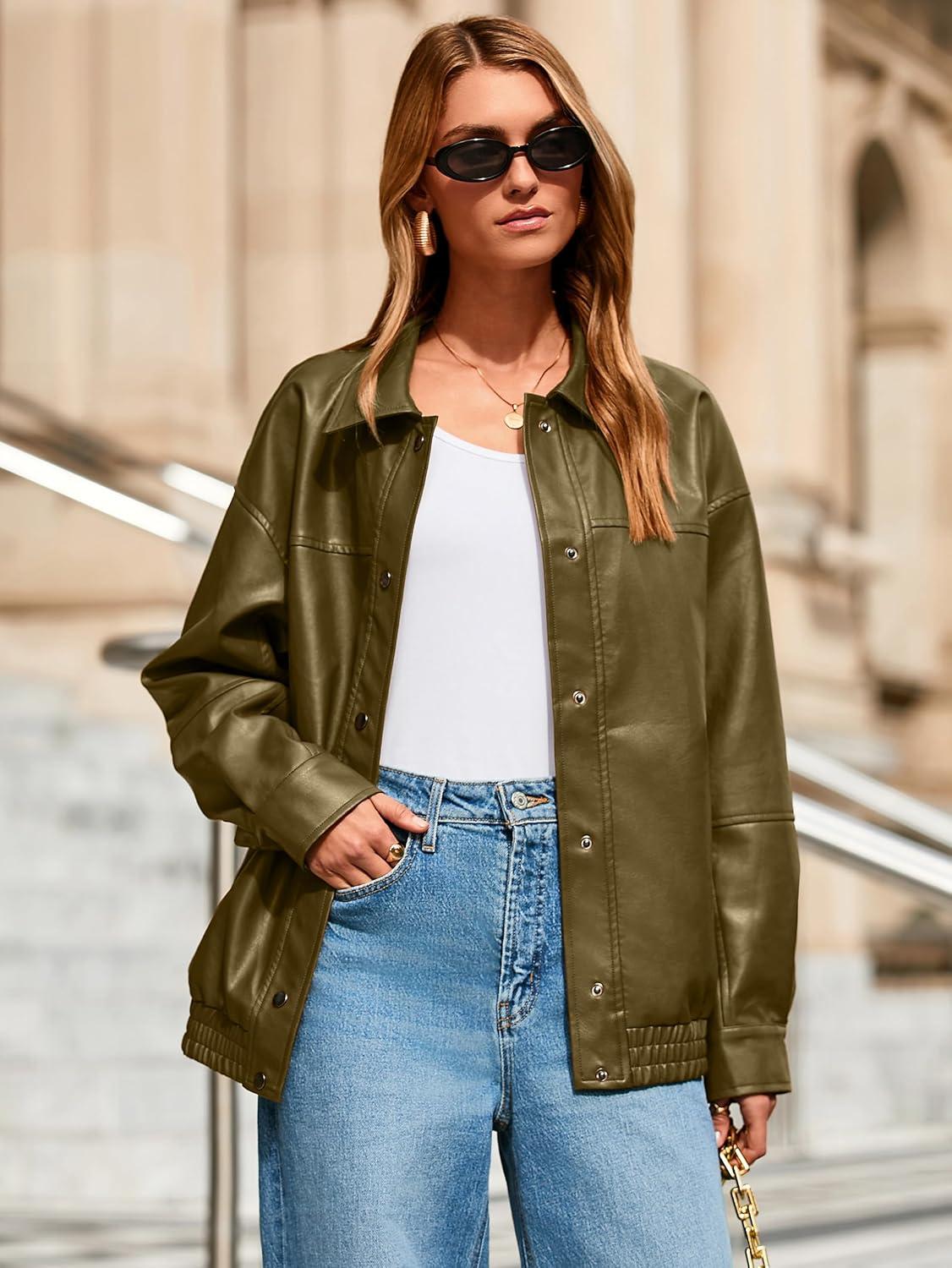 imageGlamaker Womens Faux Leather Jacket Trendy Outfits Loose Fit Button Down Motorcycle Bomber Jackets Fashion Fall Winter CoatArmy Green