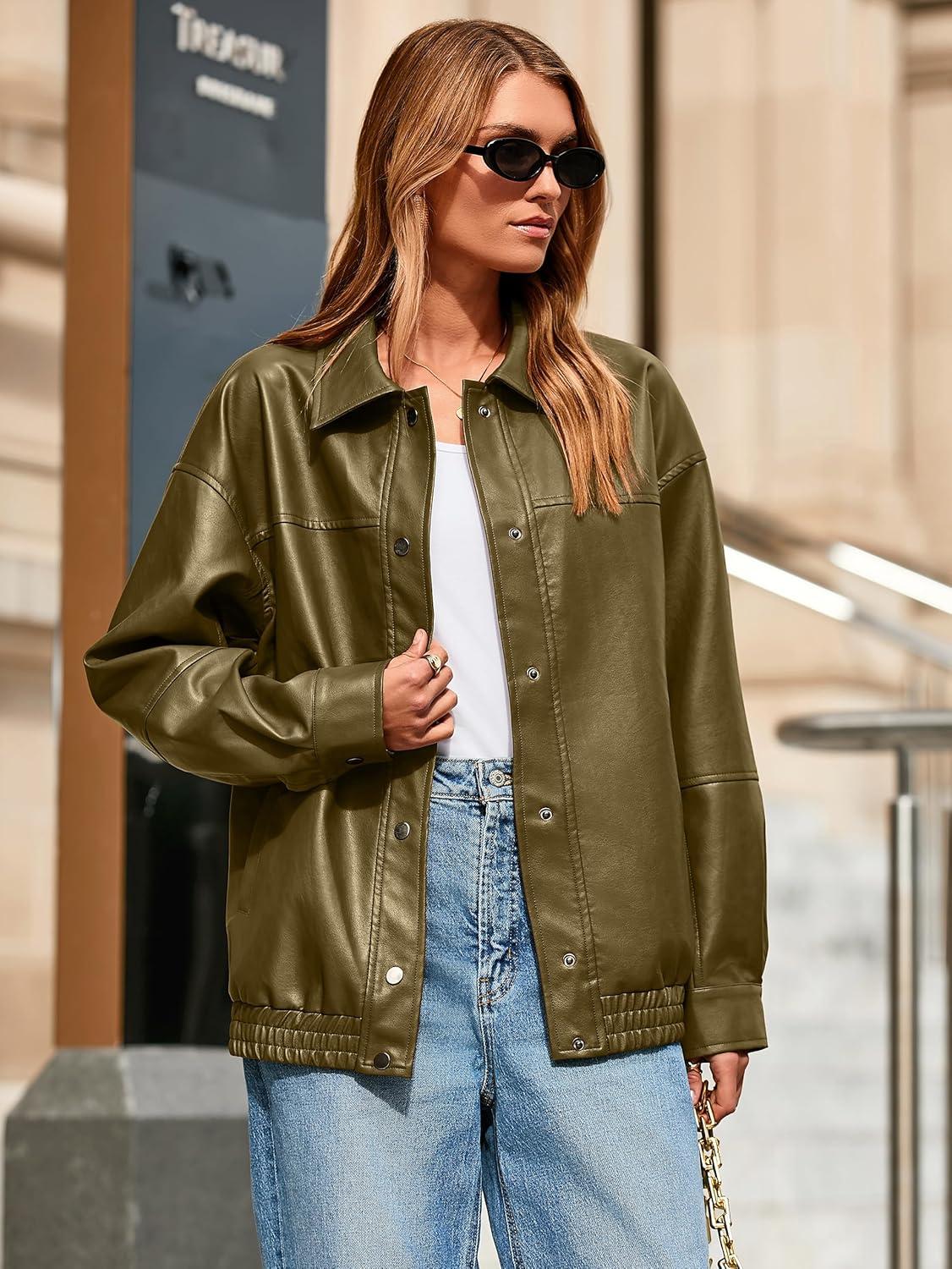 imageGlamaker Womens Faux Leather Jacket Trendy Outfits Loose Fit Button Down Motorcycle Bomber Jackets Fashion Fall Winter CoatArmy Green