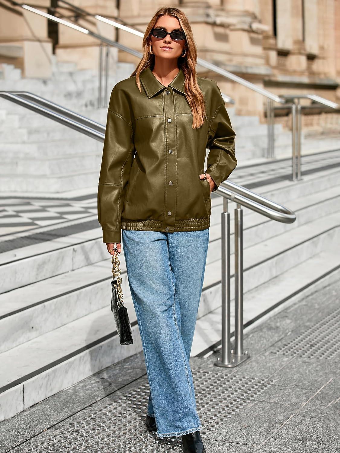 imageGlamaker Womens Faux Leather Jacket Trendy Outfits Loose Fit Button Down Motorcycle Bomber Jackets Fashion Fall Winter CoatArmy Green