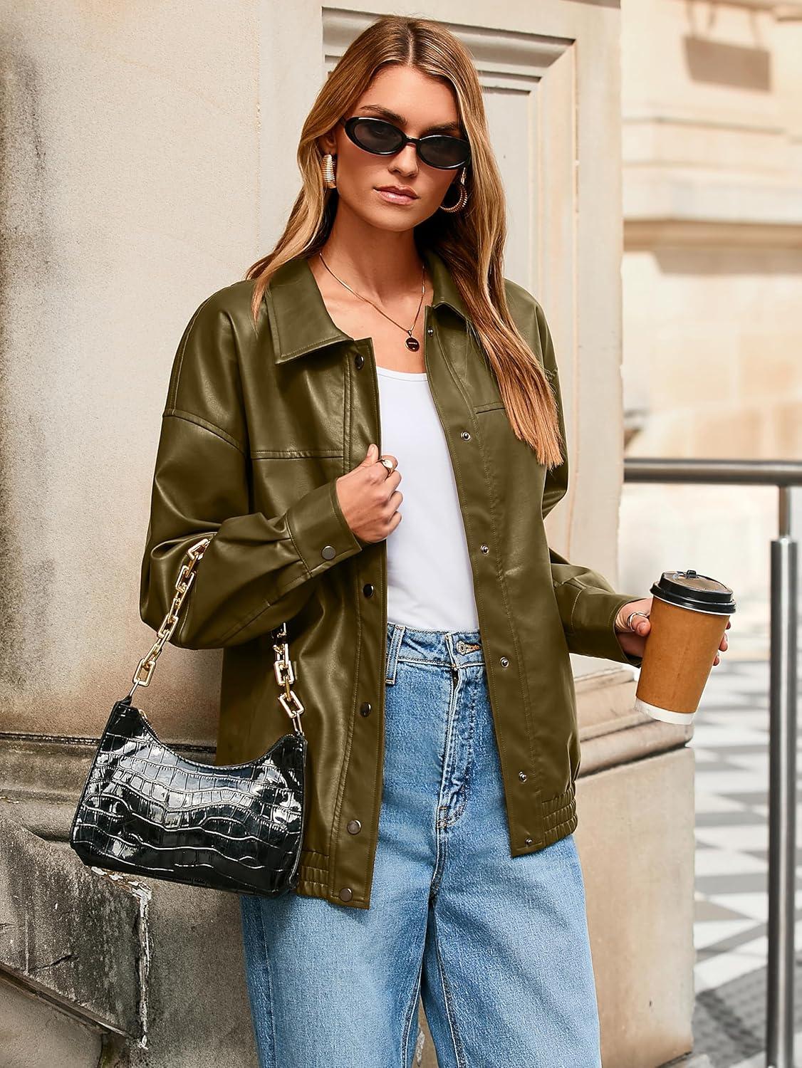 imageGlamaker Womens Faux Leather Jacket Trendy Outfits Loose Fit Button Down Motorcycle Bomber Jackets Fashion Fall Winter CoatArmy Green
