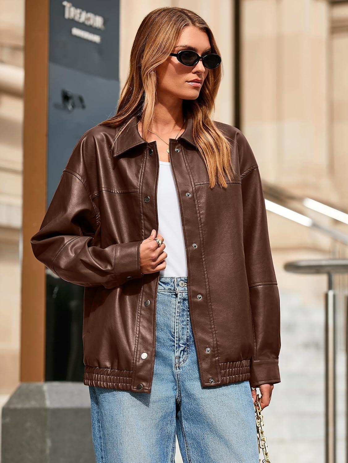 imageGlamaker Womens Faux Leather Jacket Trendy Outfits Loose Fit Button Down Motorcycle Bomber Jackets Fashion Fall Winter CoatBrown