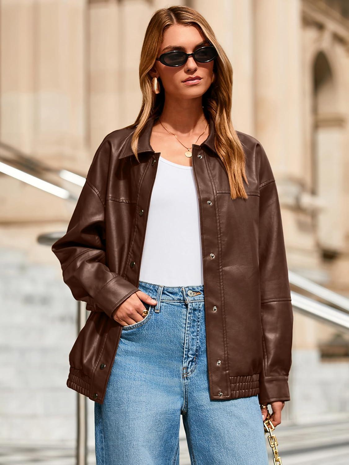 imageGlamaker Womens Faux Leather Jacket Trendy Outfits Loose Fit Button Down Motorcycle Bomber Jackets Fashion Fall Winter CoatBrown