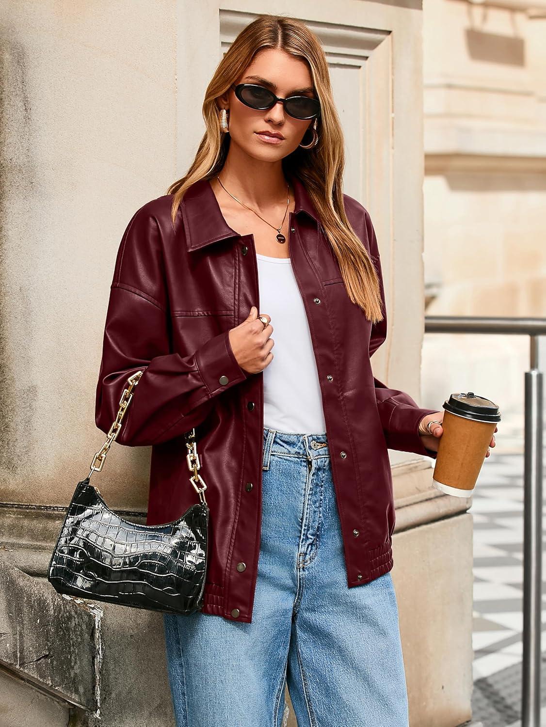 imageGlamaker Womens Faux Leather Jacket Trendy Outfits Loose Fit Button Down Motorcycle Bomber Jackets Fashion Fall Winter CoatBurgundy
