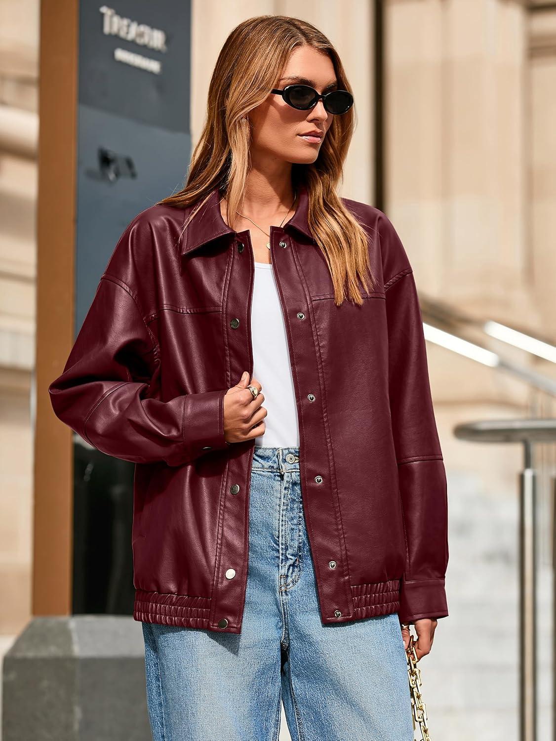 imageGlamaker Womens Faux Leather Jacket Trendy Outfits Loose Fit Button Down Motorcycle Bomber Jackets Fashion Fall Winter CoatBurgundy
