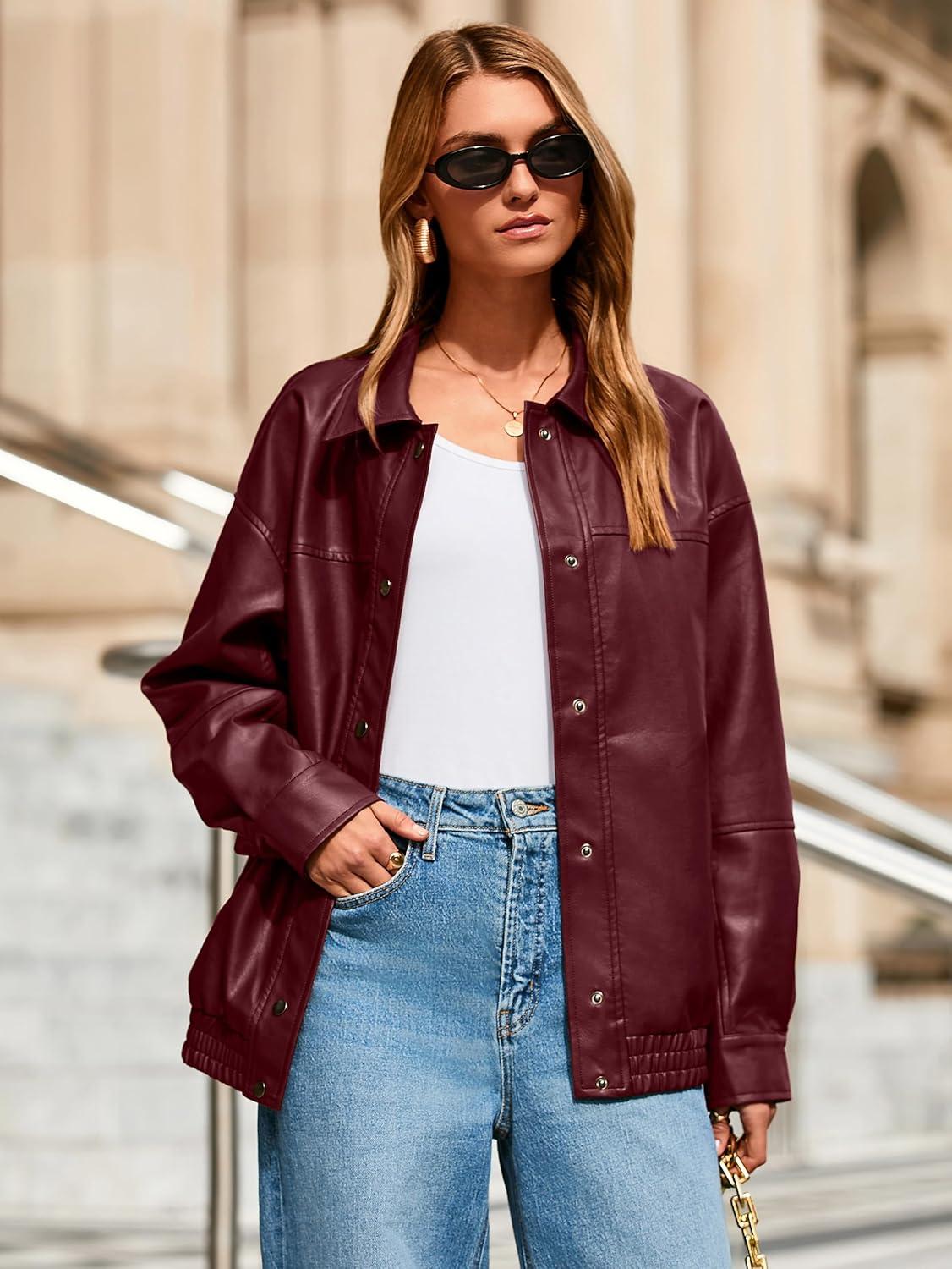 imageGlamaker Womens Faux Leather Jacket Trendy Outfits Loose Fit Button Down Motorcycle Bomber Jackets Fashion Fall Winter CoatBurgundy