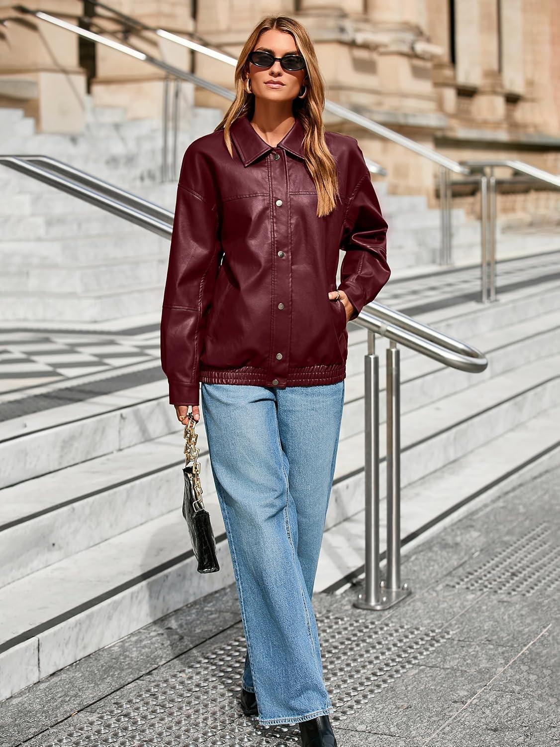 imageGlamaker Womens Faux Leather Jacket Trendy Outfits Loose Fit Button Down Motorcycle Bomber Jackets Fashion Fall Winter CoatBurgundy