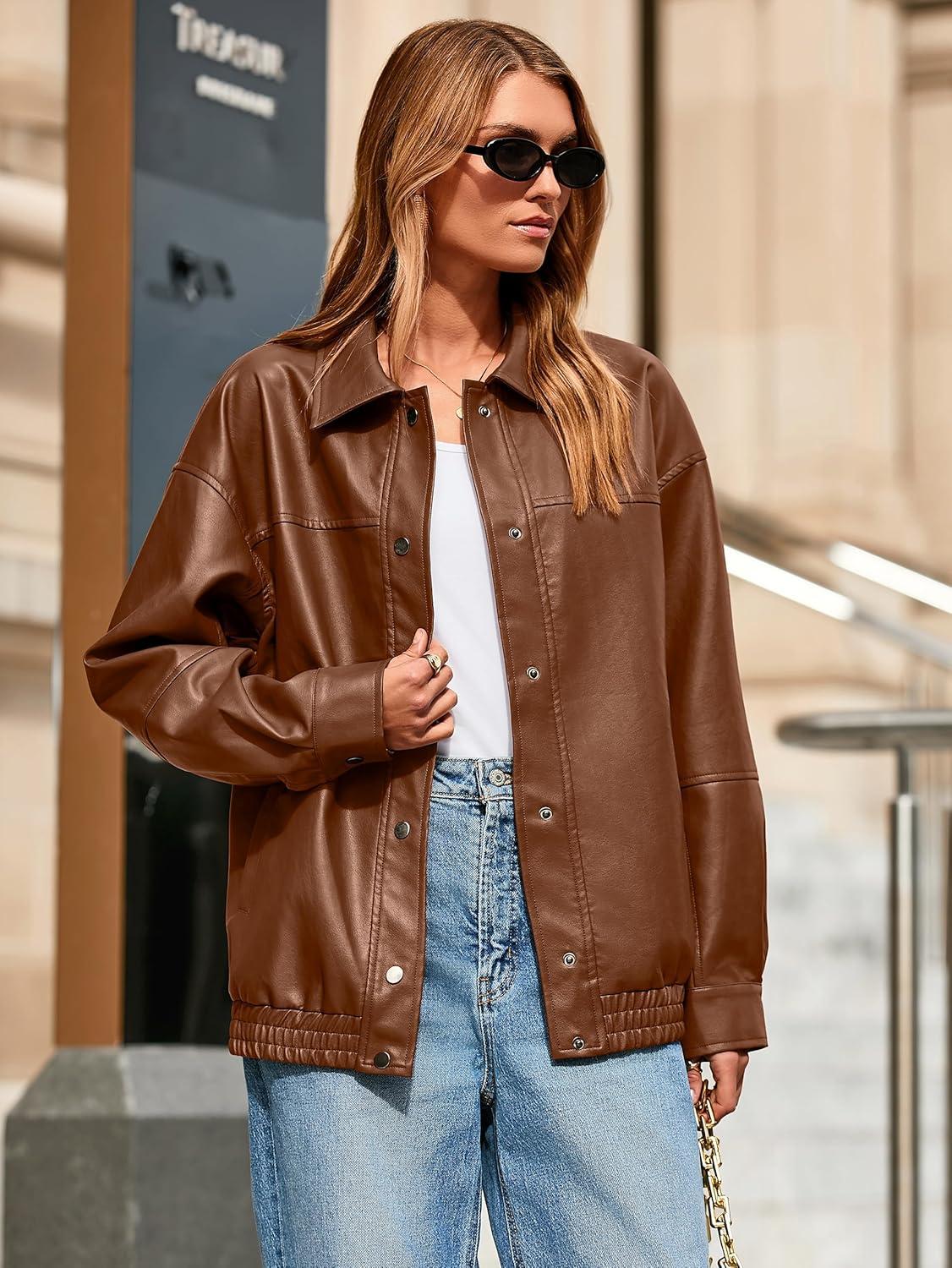 imageGlamaker Womens Faux Leather Jacket Trendy Outfits Loose Fit Button Down Motorcycle Bomber Jackets Fashion Fall Winter CoatCaramel