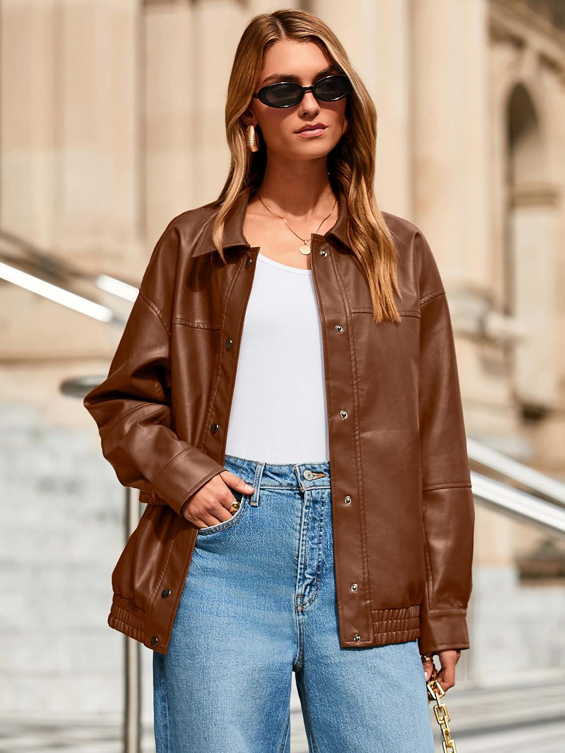 imageGlamaker Womens Faux Leather Jacket Trendy Outfits Loose Fit Button Down Motorcycle Bomber Jackets Fashion Fall Winter CoatCaramel