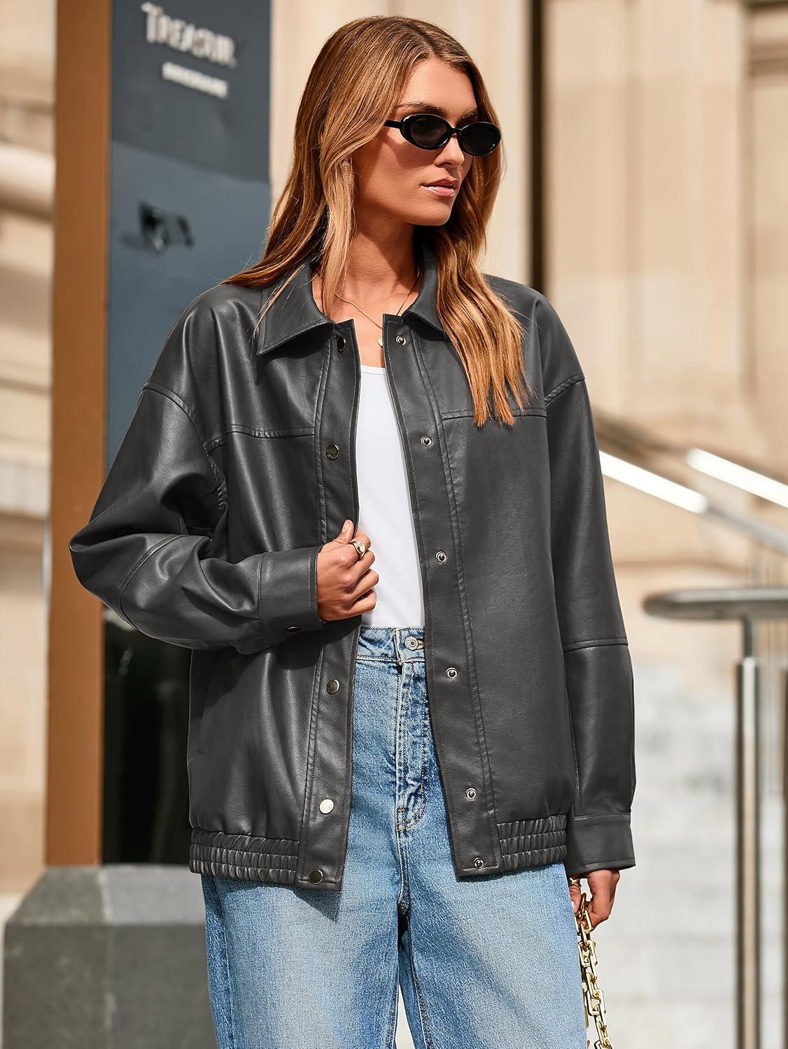 imageGlamaker Womens Faux Leather Jacket Trendy Outfits Loose Fit Button Down Motorcycle Bomber Jackets Fashion Fall Winter CoatDrak Grey