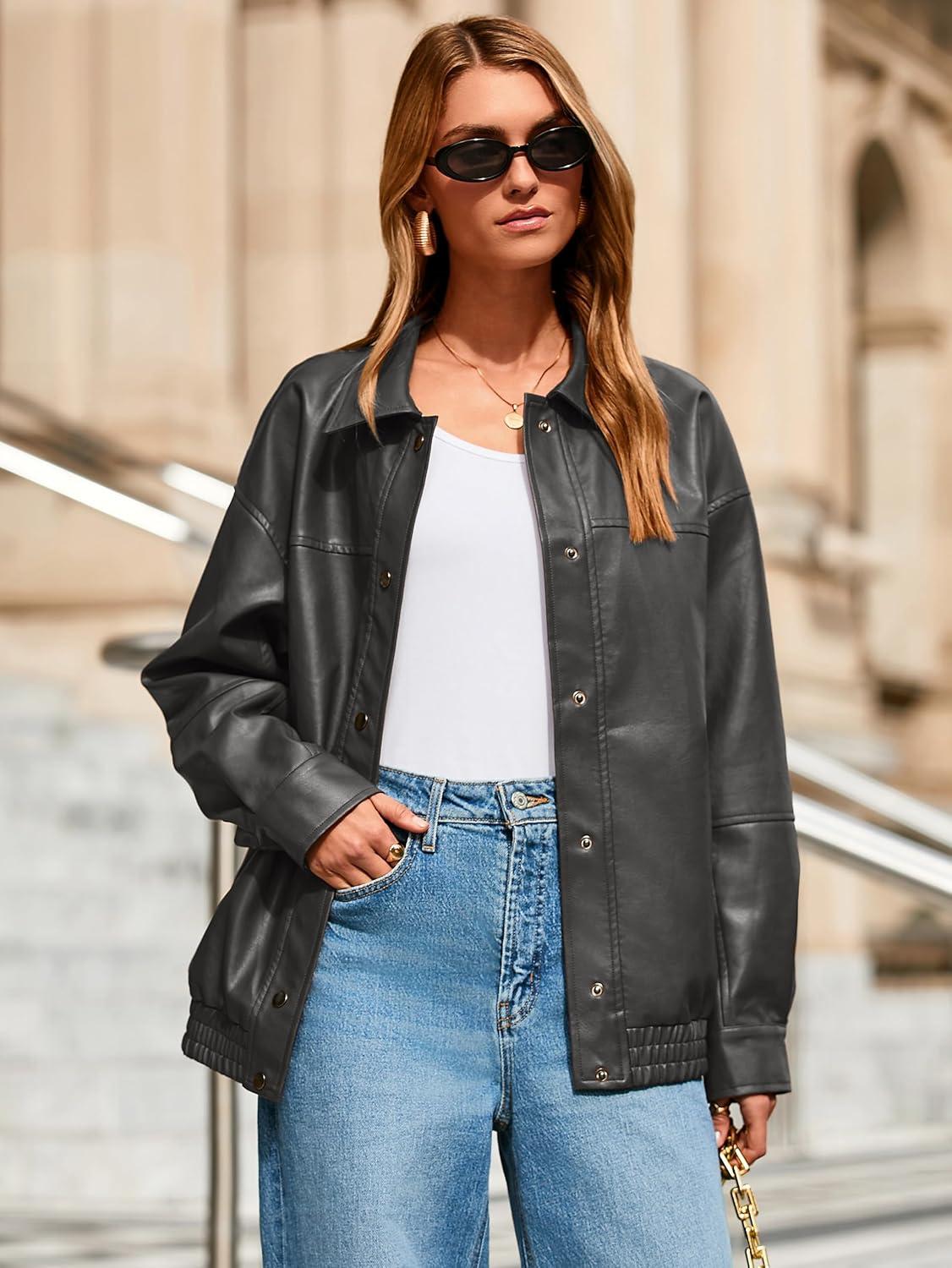 imageGlamaker Womens Faux Leather Jacket Trendy Outfits Loose Fit Button Down Motorcycle Bomber Jackets Fashion Fall Winter CoatDrak Grey