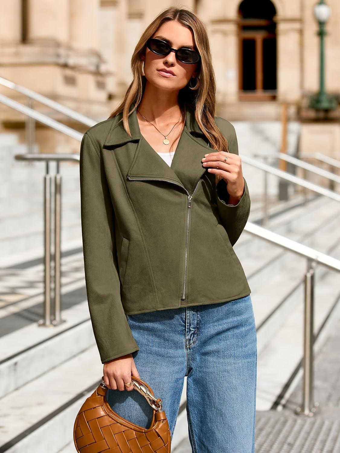 imageGlamaker Womens Faux Suede Jackets Long Sleeve Casual Cropped Zipper Biker Moto Jacket Fall Winter OutfitsArmy Green