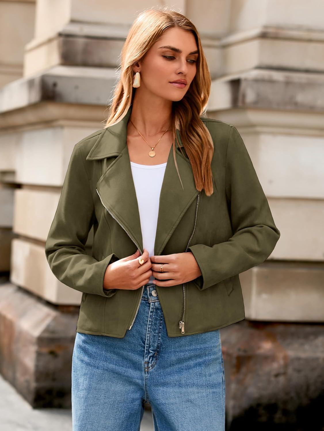 imageGlamaker Womens Faux Suede Jackets Long Sleeve Casual Cropped Zipper Biker Moto Jacket Fall Winter OutfitsArmy Green
