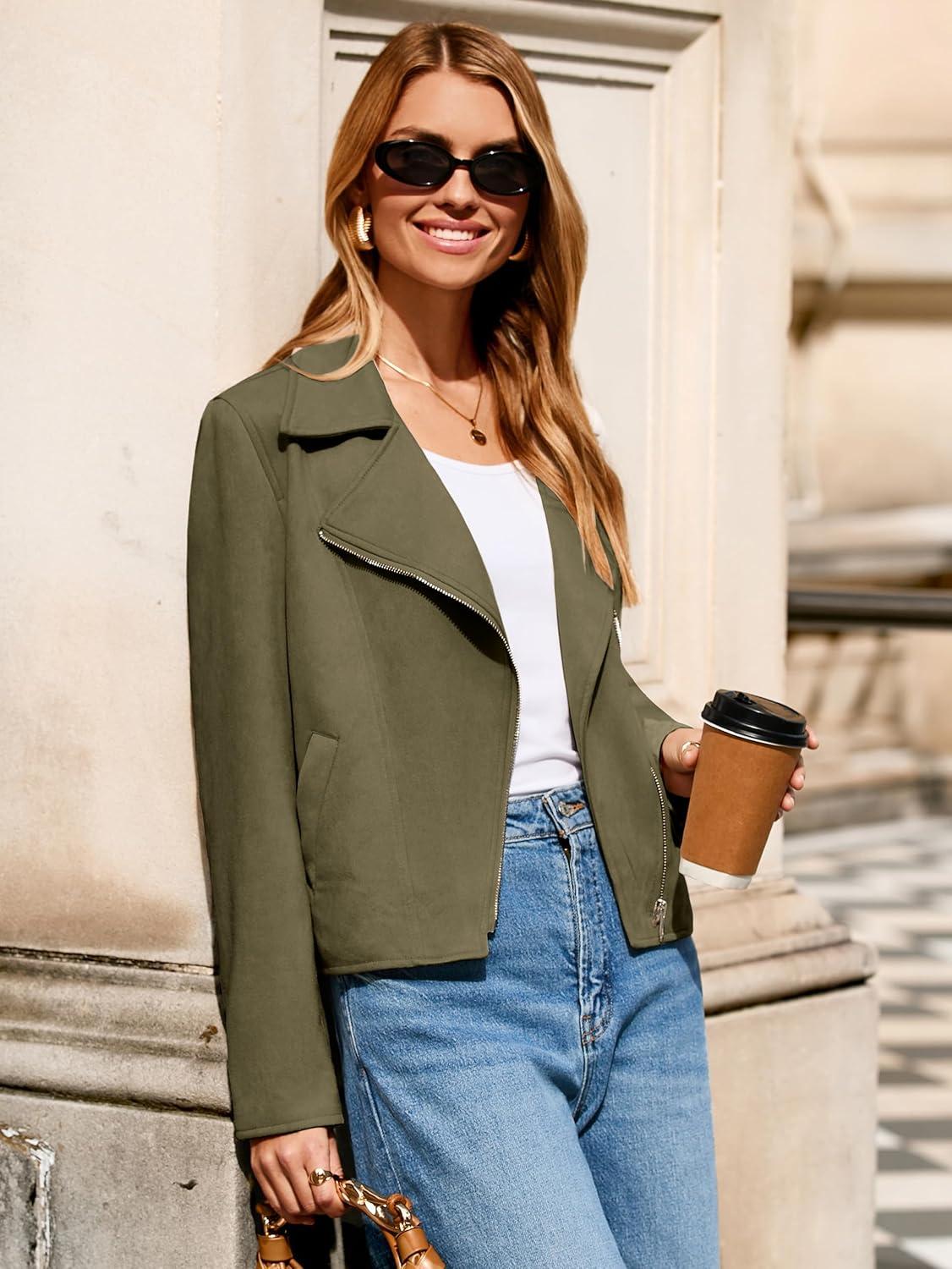 imageGlamaker Womens Faux Suede Jackets Long Sleeve Casual Cropped Zipper Biker Moto Jacket Fall Winter OutfitsArmy Green