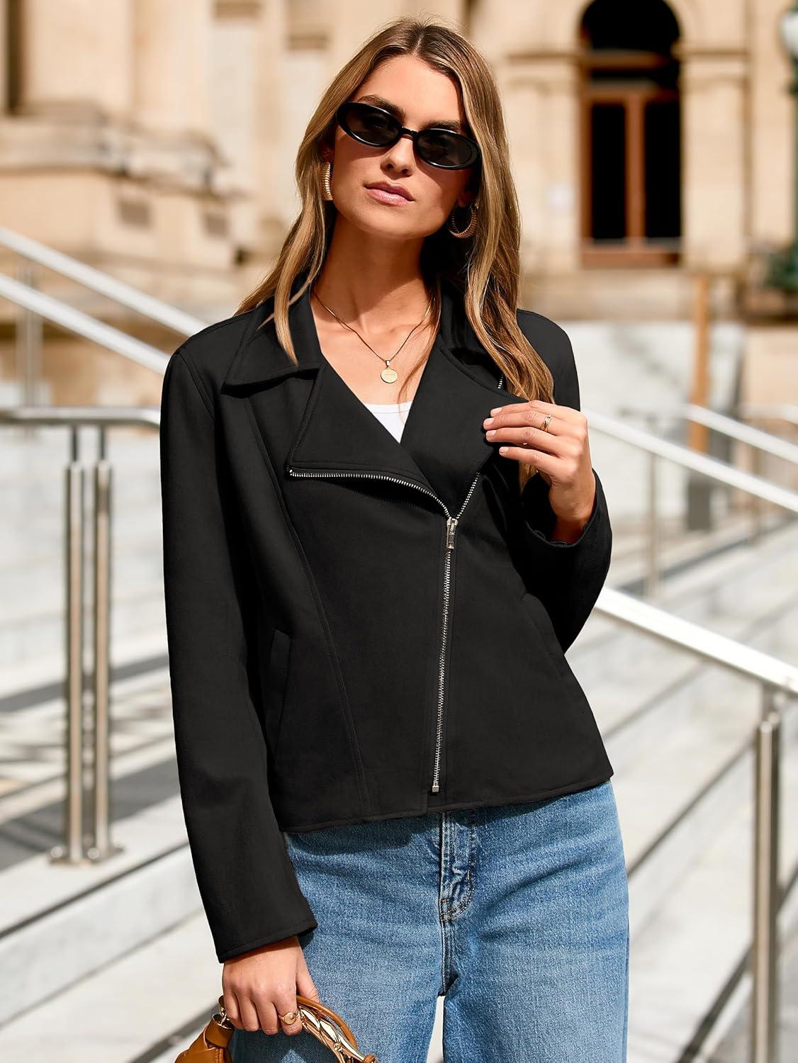 imageGlamaker Womens Faux Suede Jackets Long Sleeve Casual Cropped Zipper Biker Moto Jacket Fall Winter OutfitsBlack
