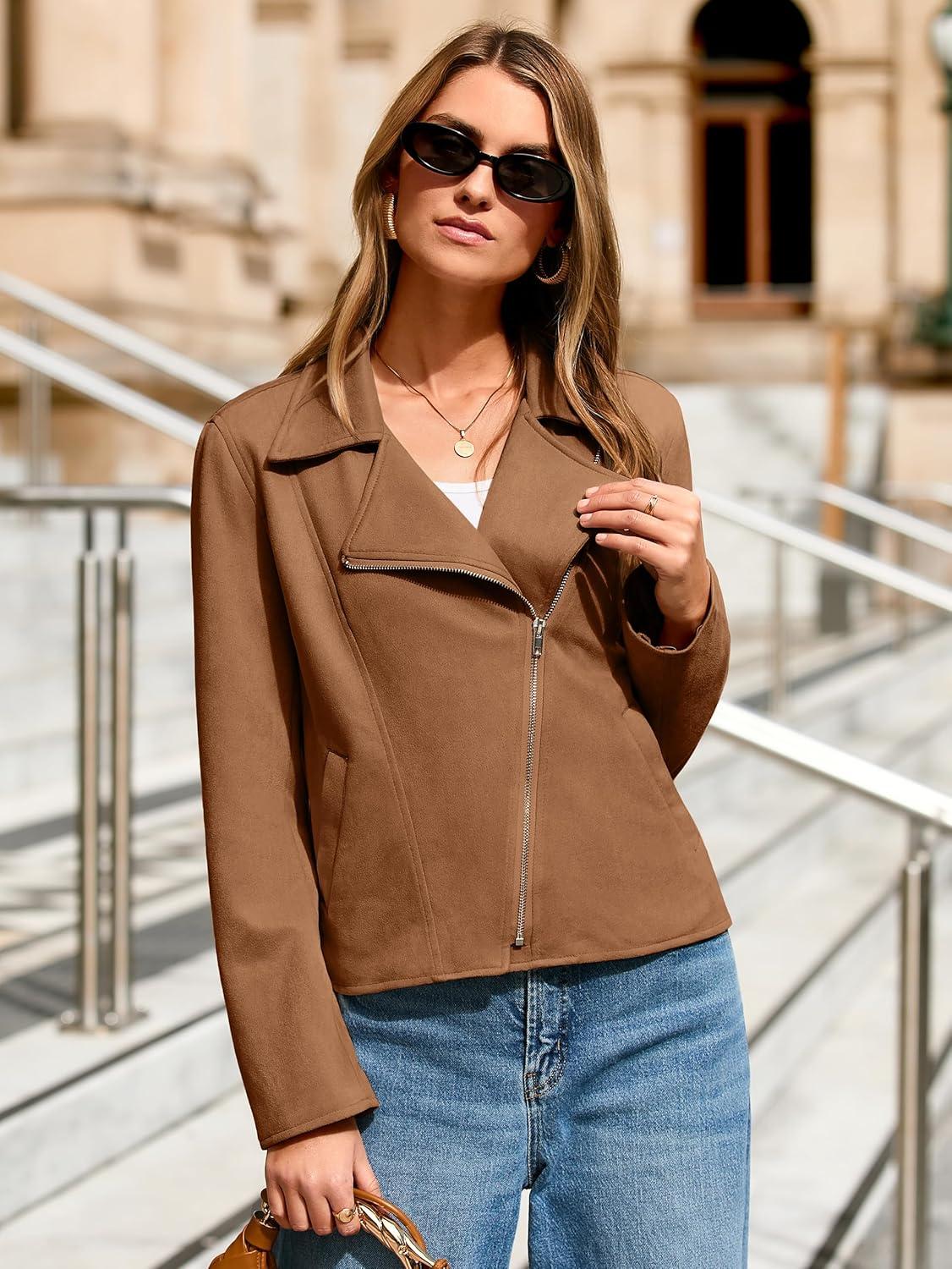 imageGlamaker Womens Faux Suede Jackets Long Sleeve Casual Cropped Zipper Biker Moto Jacket Fall Winter OutfitsCamel