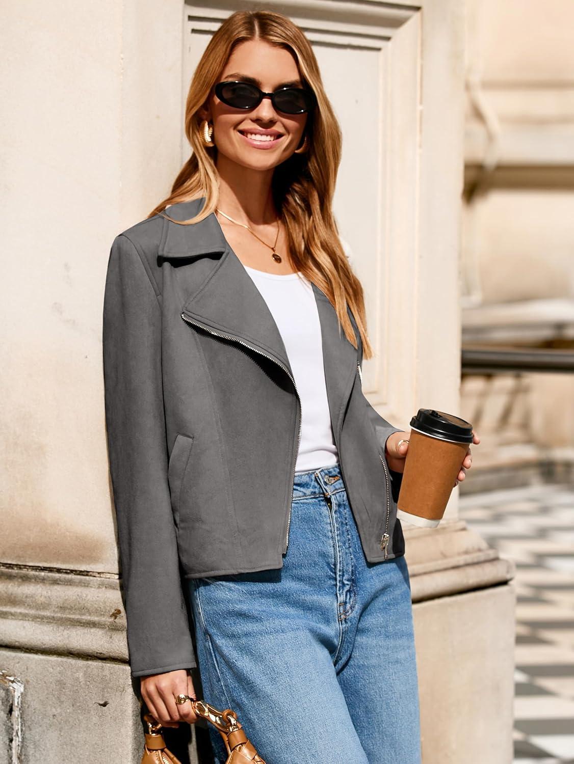imageGlamaker Womens Faux Suede Jackets Long Sleeve Casual Cropped Zipper Biker Moto Jacket Fall Winter OutfitsDark Grey