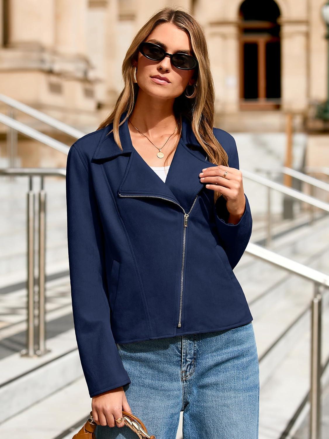 imageGlamaker Womens Faux Suede Jackets Long Sleeve Casual Cropped Zipper Biker Moto Jacket Fall Winter OutfitsNavy Blue