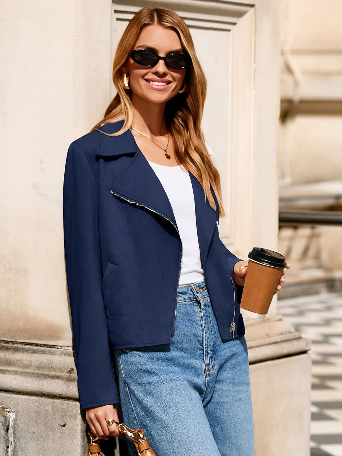 imageGlamaker Womens Faux Suede Jackets Long Sleeve Casual Cropped Zipper Biker Moto Jacket Fall Winter OutfitsNavy Blue